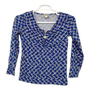 ANN KLEIN Top S‎ Tunic Geometric 3/4 Sleeve Blue Small
